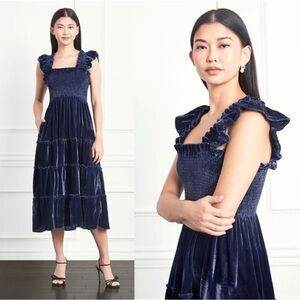 Hill House Size S The Ellie Nap Dress Navy Velvet Midi Tiered Smocked Bodice NEW
